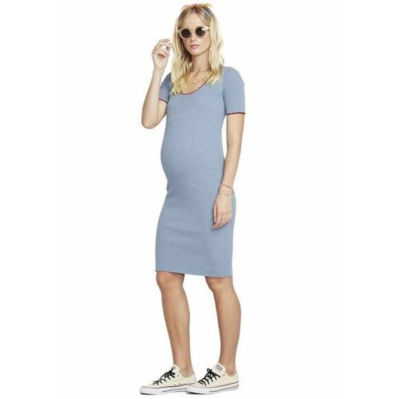 Hatch Maternity Dress Size 2 M Blue Red Ribbed Cotton Short Sleeve Knee Length - Picture 1 of 11
